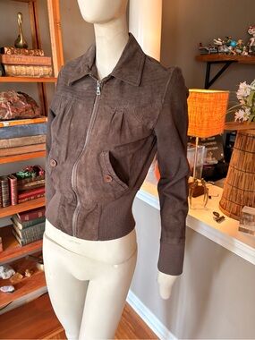 Vintage Y2K Arden B Brown Genuine Leather Bomber Jacket XS Puff Sleeve Cropped